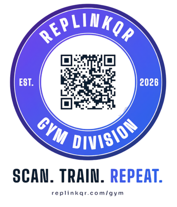 RepLinkQR Gym Division badge: a weight plate with a QR code in the middle and the words Scan. Train. Repeat.