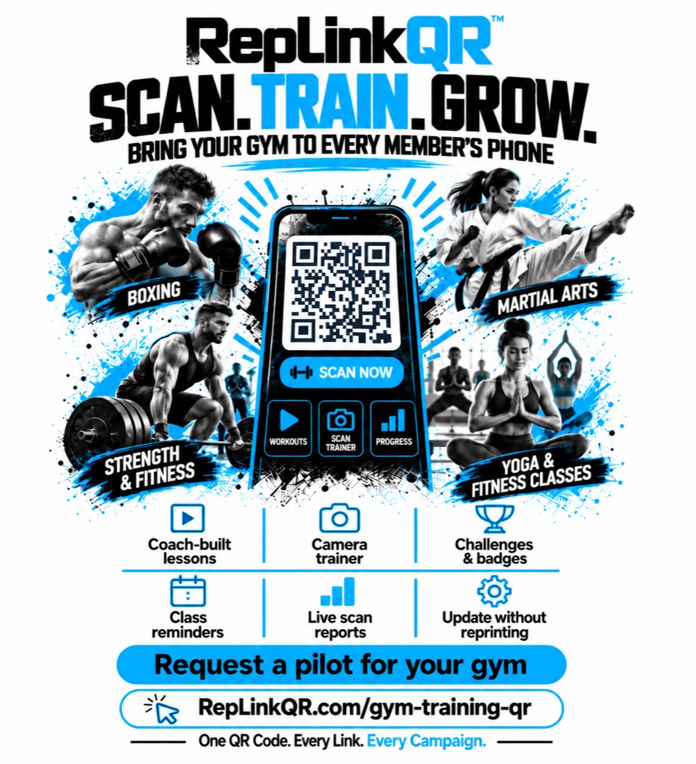 Poster: Scan. Train. Grow. Bring your gym to every member’s phone. Boxing, martial arts, strength and fitness, yoga and fitness classes around a phone with a QR code. Coach-built lessons, camera trainer, challenges and badges, class reminders, live scan reports, update without reprinting.