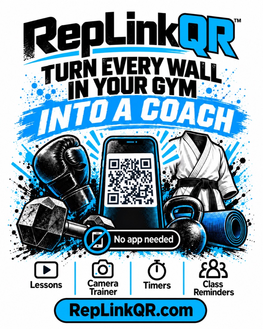 Poster: Turn every wall in your gym into a coach. A phone shows a QR code between boxing gloves, a dumbbell, a karate gi and a yoga mat. Lessons, camera trainer, timers, class reminders. No app needed.