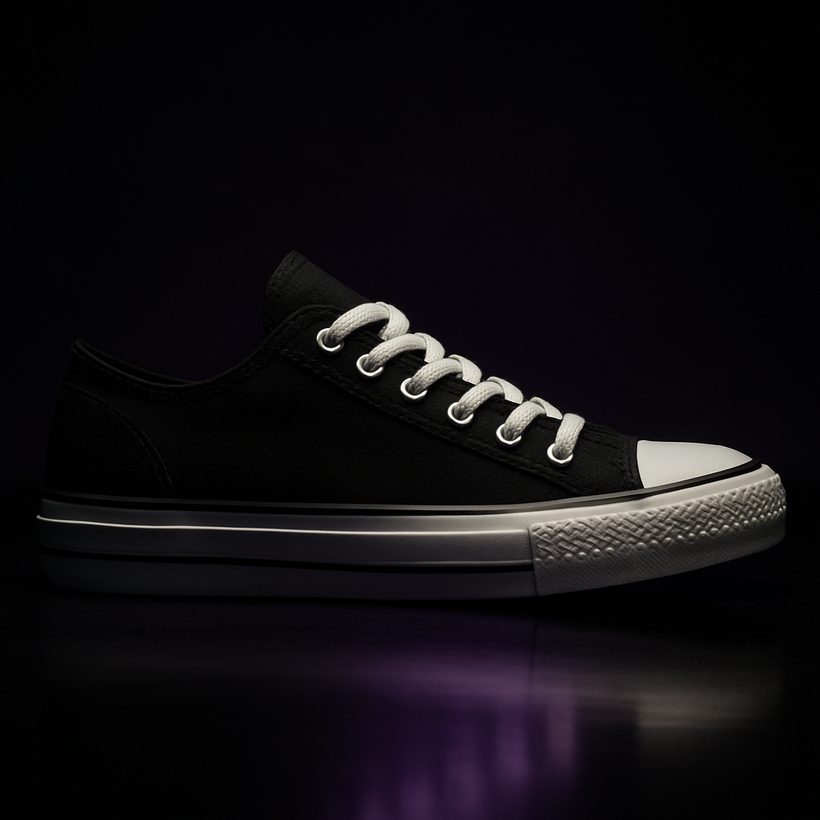 A black low-top canvas sneaker with white toe cap
