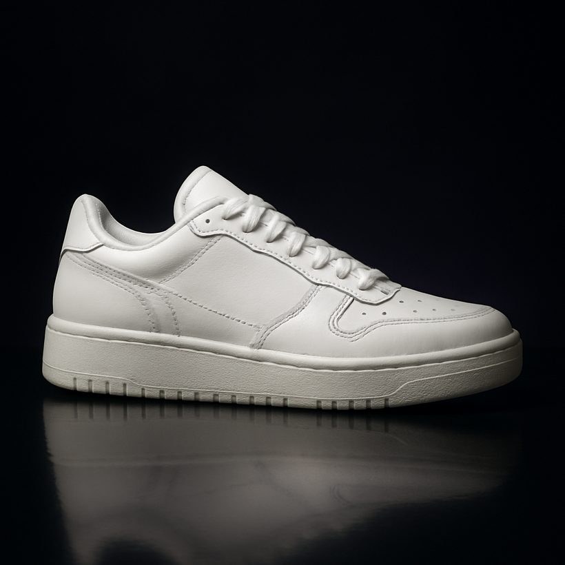A spotless all-white low-top court sneaker