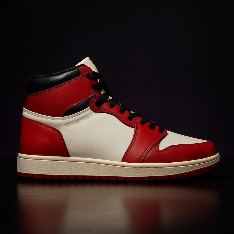 A freshly cleaned red, white, and black retro high-top sneaker