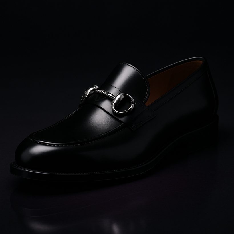 A polished black leather horsebit loafer