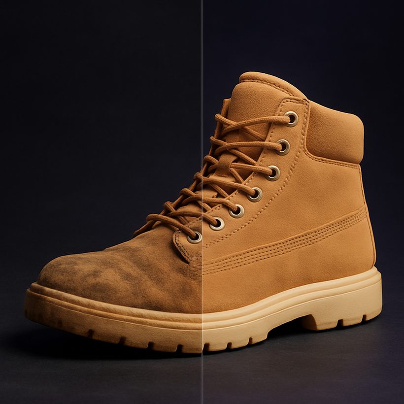 Split view: a stained wheat suede boot on the left and the same boot restored to like-new on the right