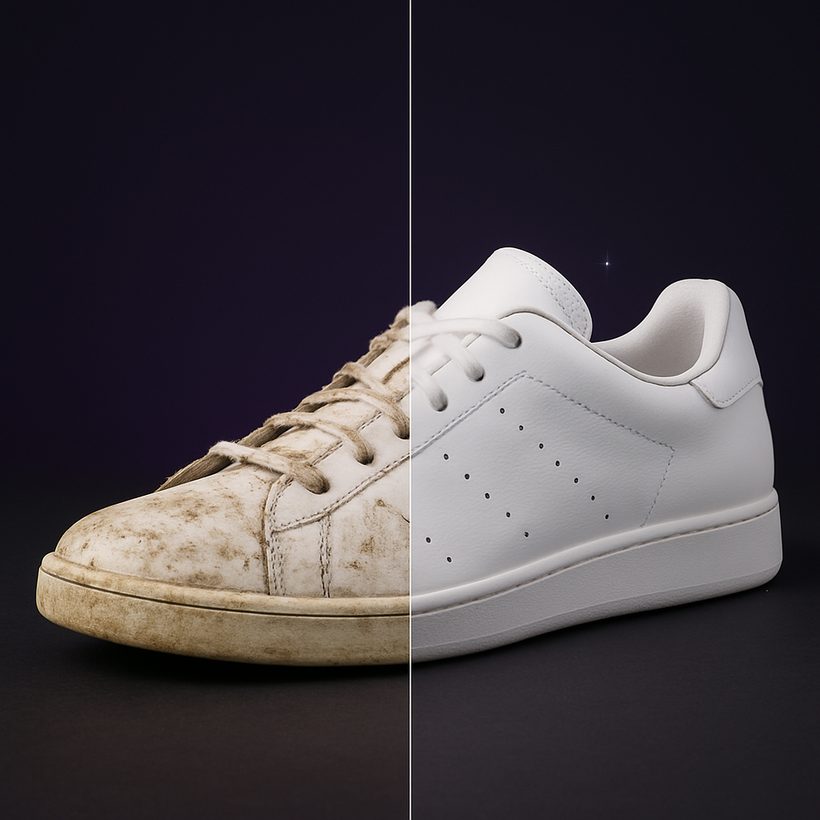 Split view: a filthy, yellowed white sneaker on the left and the same sneaker perfectly restored on the right