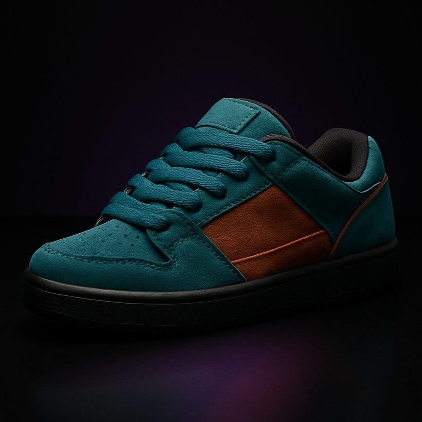 Teal and orange suede skate shoe