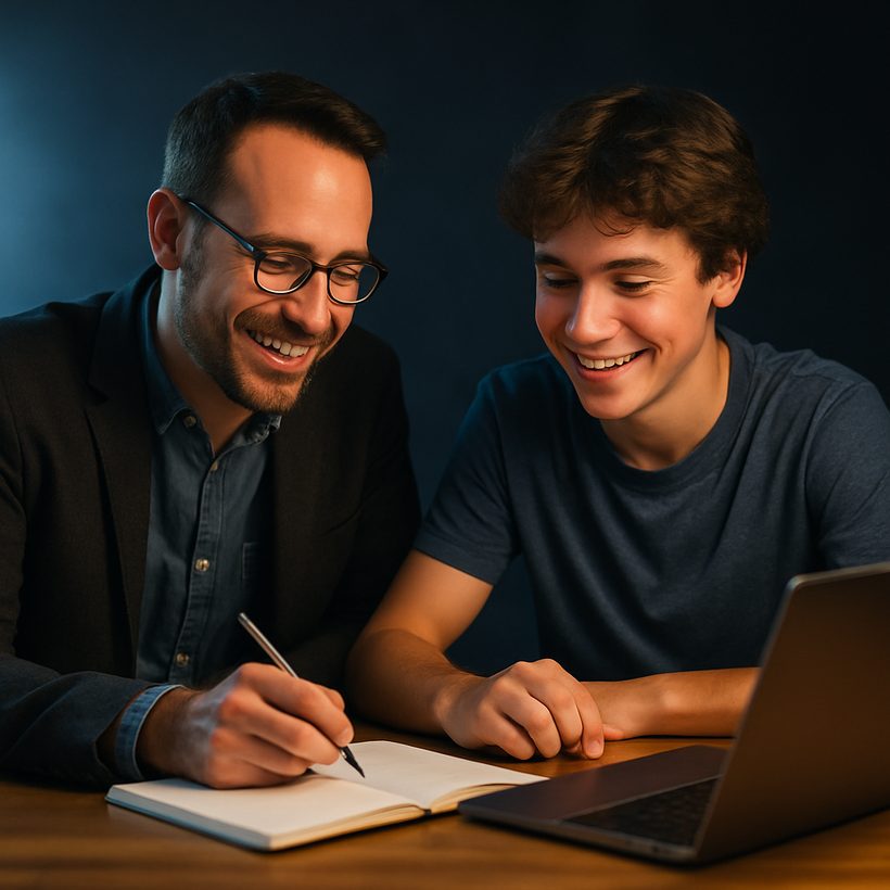 A tutor and a student reviewing a notebook together at a table with a laptop