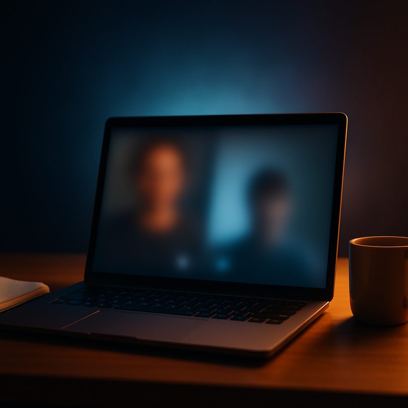 A laptop on a desk showing an online tutoring session, with a notebook beside it
